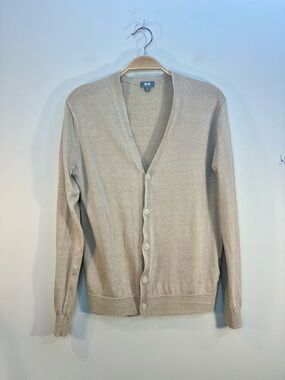 EUC Uniqlo Linen V Neck Cardigan Sweater Beige Oatmeal Womens M Normcore Cottage